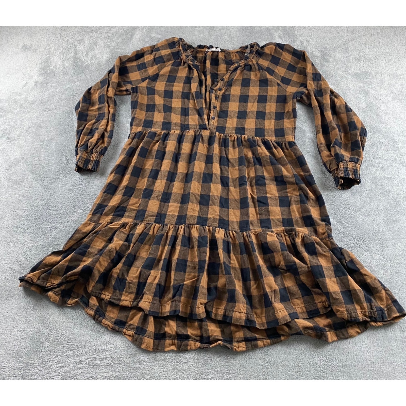 Beachlunchlounge Brown Black Buffalo Check Plaid Tiered Babydoll Dress Womens M